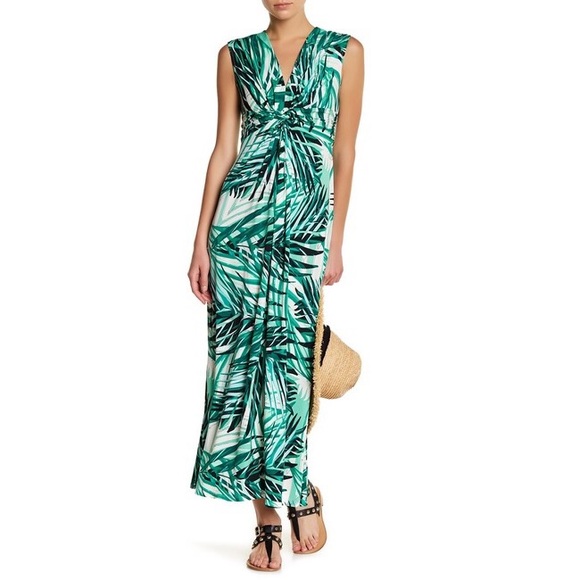 green leaf print maxi dress